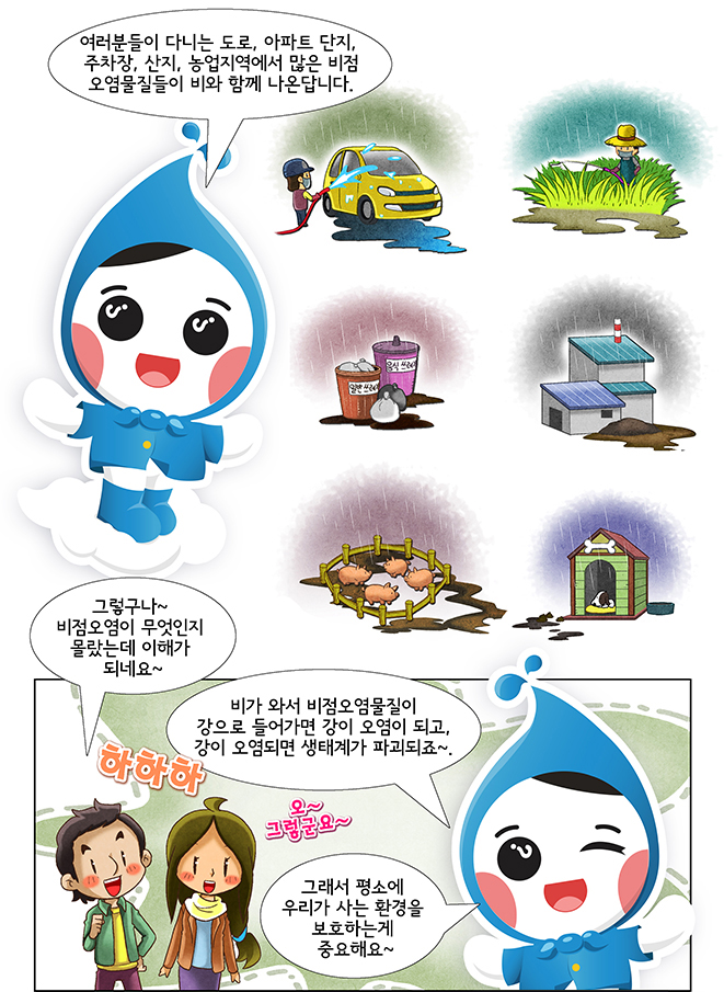 여러분들이 다니는 도로, 아파트 단지, 주차장, 산지, 농업지역에서 많은 비점 오염물질들이 비와 함께 나온답니다. 그렇구나~ 비점오염이 무엇인지 몰랐는데 이해가 되네요~ 하하하 비가 와서 비점오염물질이 강으로 들어가면 강이 오염이 되고, 강이 오염되면 생태계가 파괴되죠~. 오~ 그렇군요~ 그래서 평소에 우리가 사는 환경을 보호하는게 중요해요~