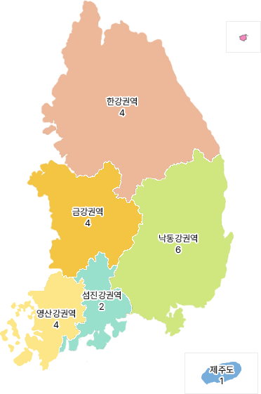 운영현황 유역도 : 한강권역 4, 낙동강권역 6, 금강권역 4, 섬진강권역 2, 영산강권역 4, 제주도 1